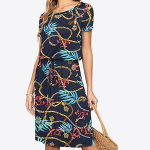 Navy Round Neck Short Sleeve Slit Dress with Pockets